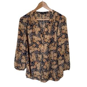 NYDJ Floral Blouse Women Medium Yellow Navy Excellent Pleated V-Neck 3/4 Sleeve